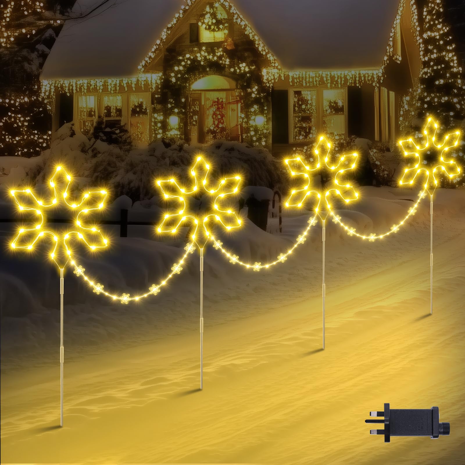 Quntis Christmas Pathway Lights Outdoor Decoration, 90cm 4Pack 176 LED Snowflake Path Lights Warm White & 8 Modes Timer Memory Function, Stake Decor for Garden Yard Lawn — image 1