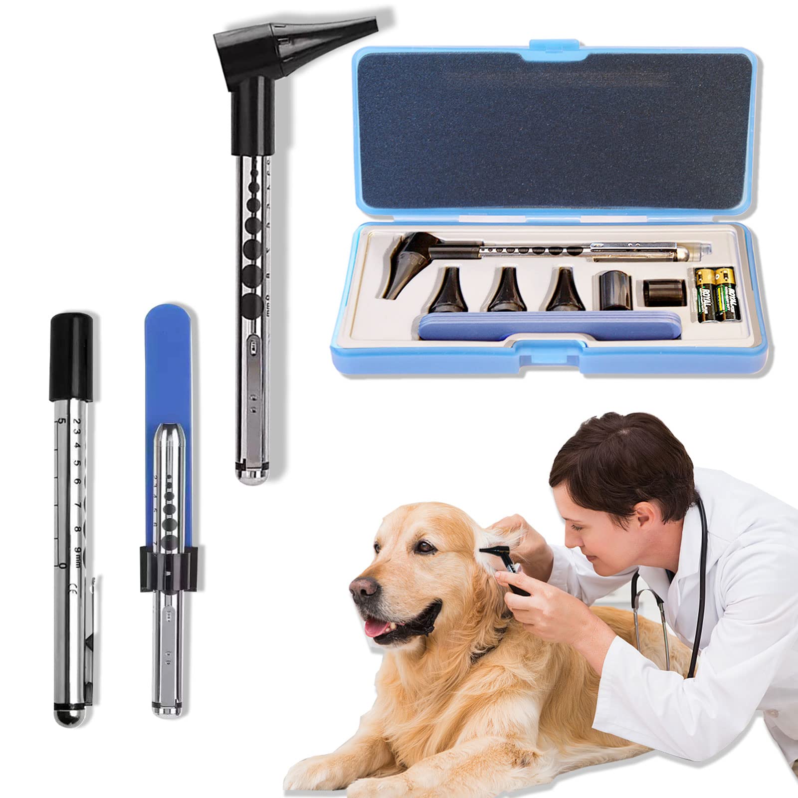 HUHKOUAE Veterinary Otoscope Kit,LED Vet Pet Cat Dog Ear Mirror Speculum,Checking Pets Ears Eye Oral Cavity,Apply To Pets of All Ages Dogs Cats Rabbit