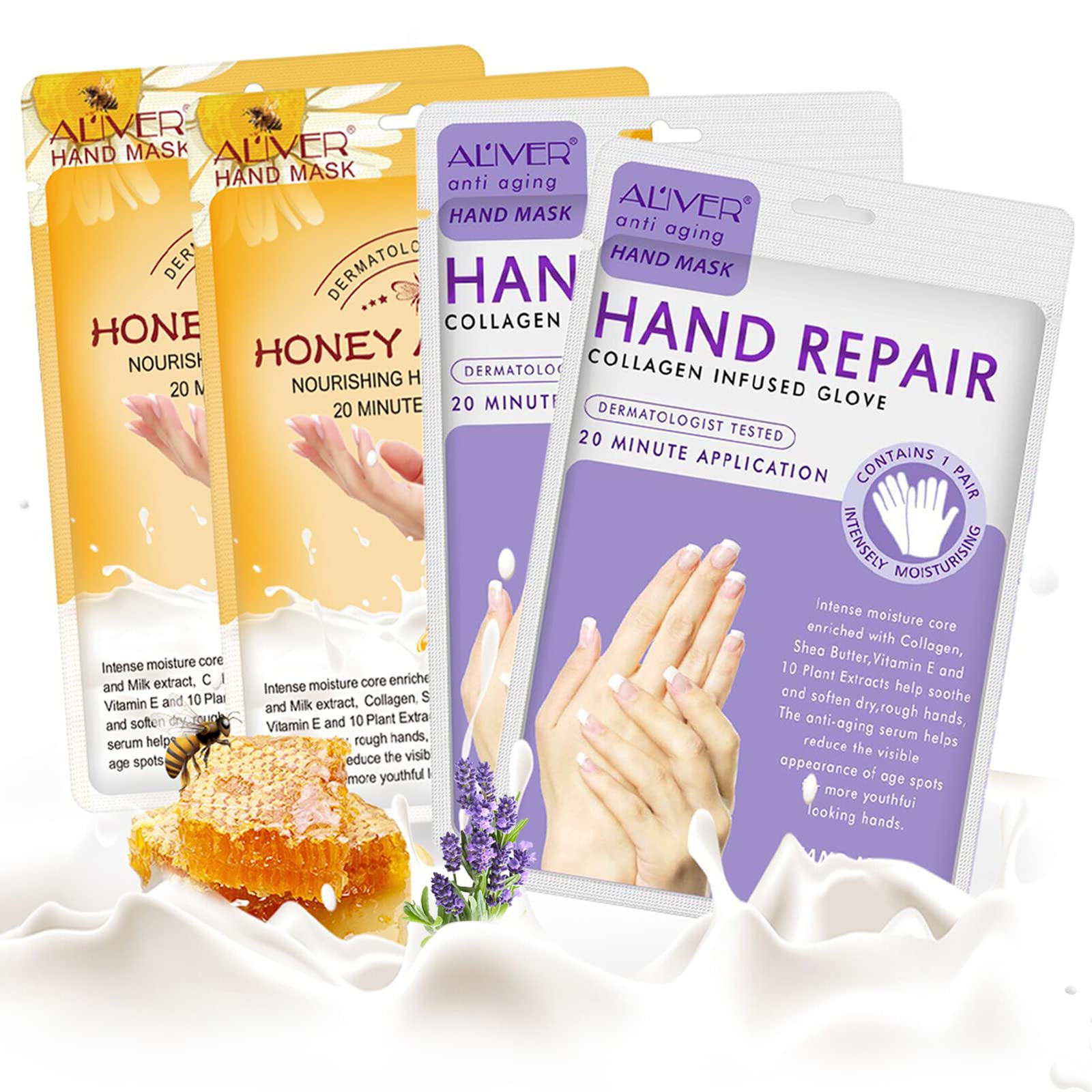 CCKULOOB Hand Mask, 4 Pairs Moisturizing Hand Mask Hand Skin Repair Renew Mask that Enriched with Collagen, Shea Butter, and Vitamin-E to Revive Dry, Rough and Cracked Skin (2 Lavender +2 Honey)