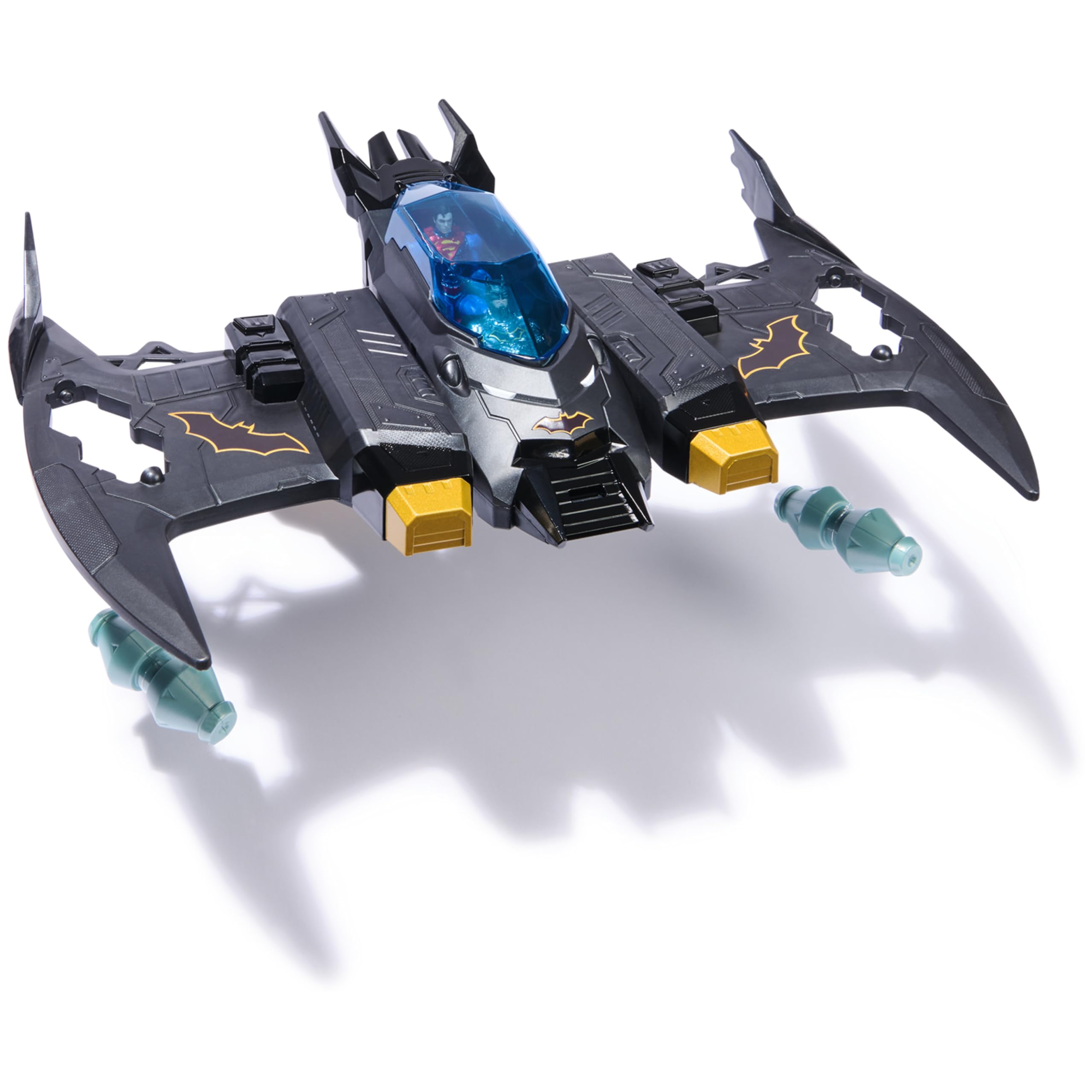 DC Comics, Metal Force Transforming Batwing, 2-in-1 Playset, Includes Batman and Superman Figures, with Projectiles and Character Cards, Kids Toy for Boys Ages 4 and Up
