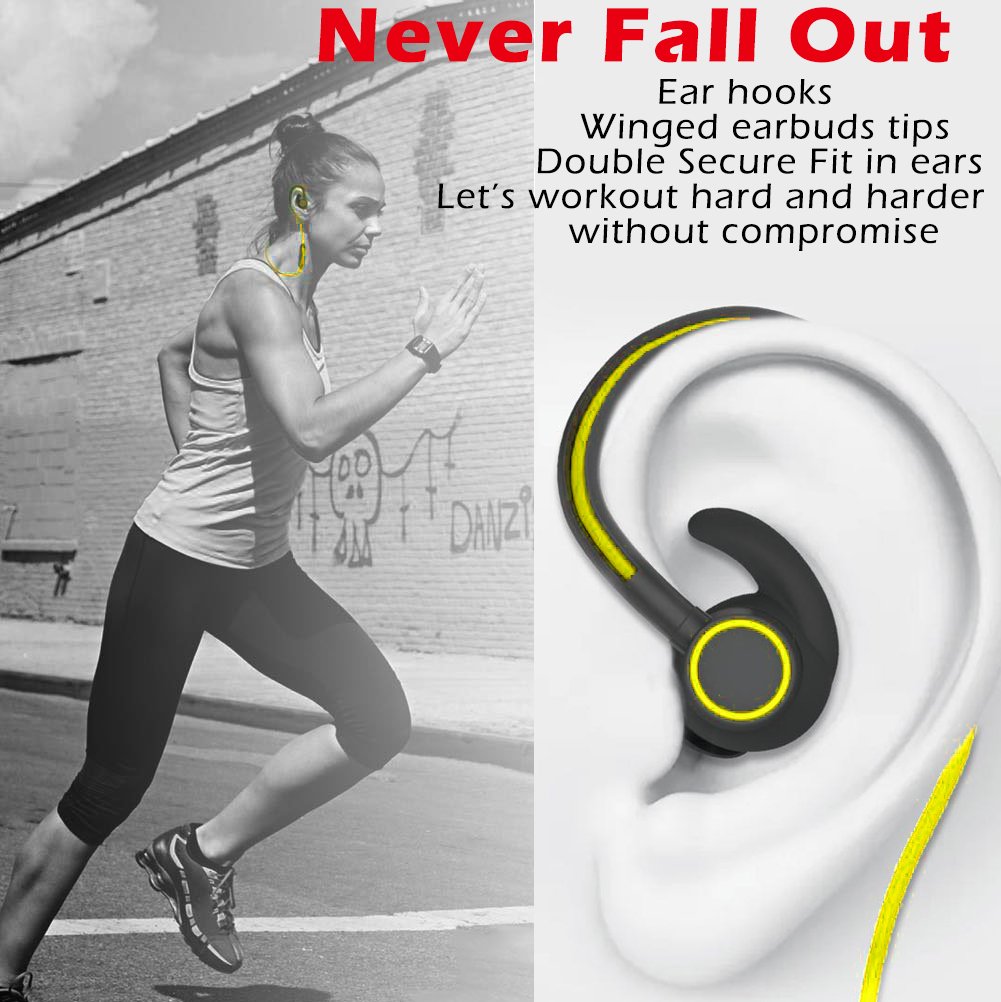 Powerbeast Bluetooth Headphones Runner Headset Sport Earphones with Mic and Sweatproof Wireless earbuds for Running (Yellow)