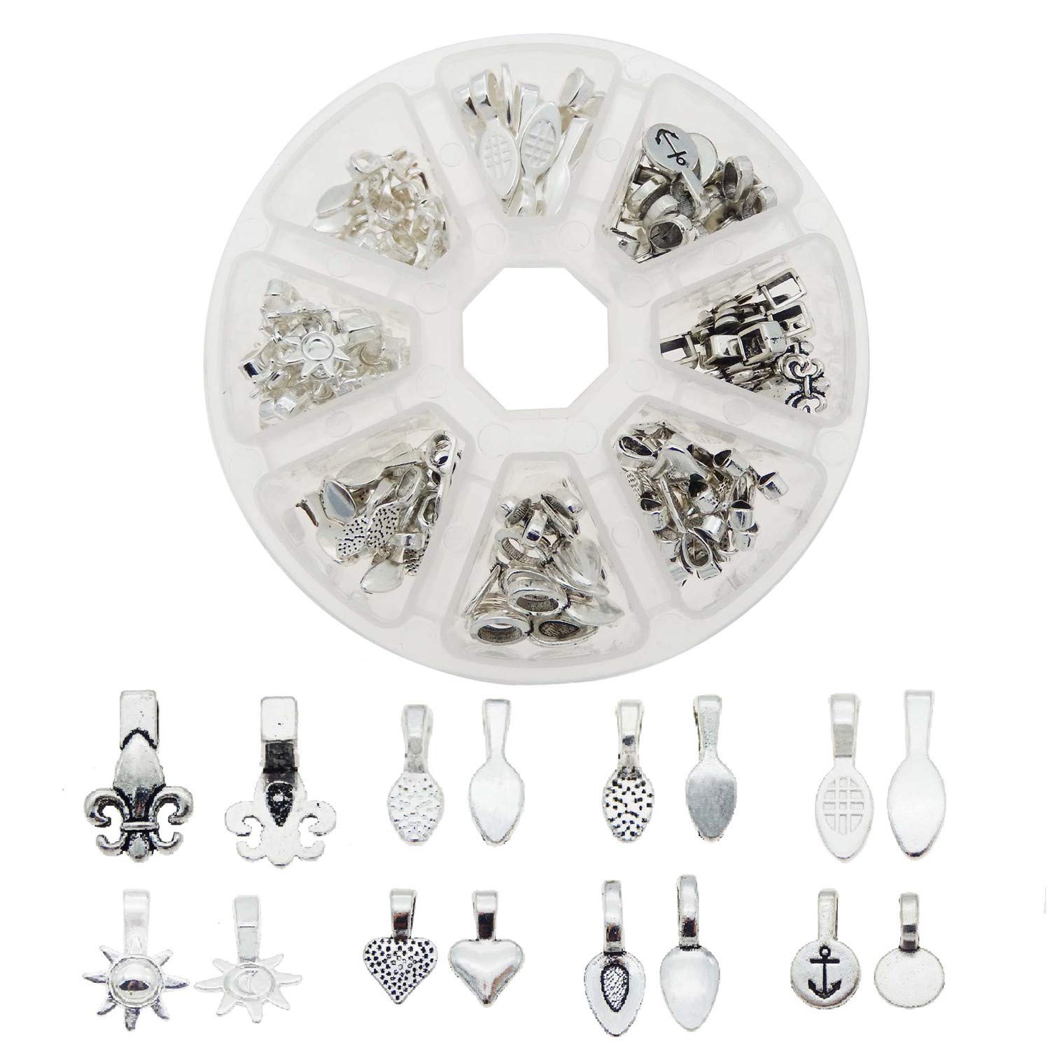 Julie Wang 120 pcs Mixed Glue on Bail Charm for Necklace Bracelet Pendants Jewelry Making Silver Color 8 Styles