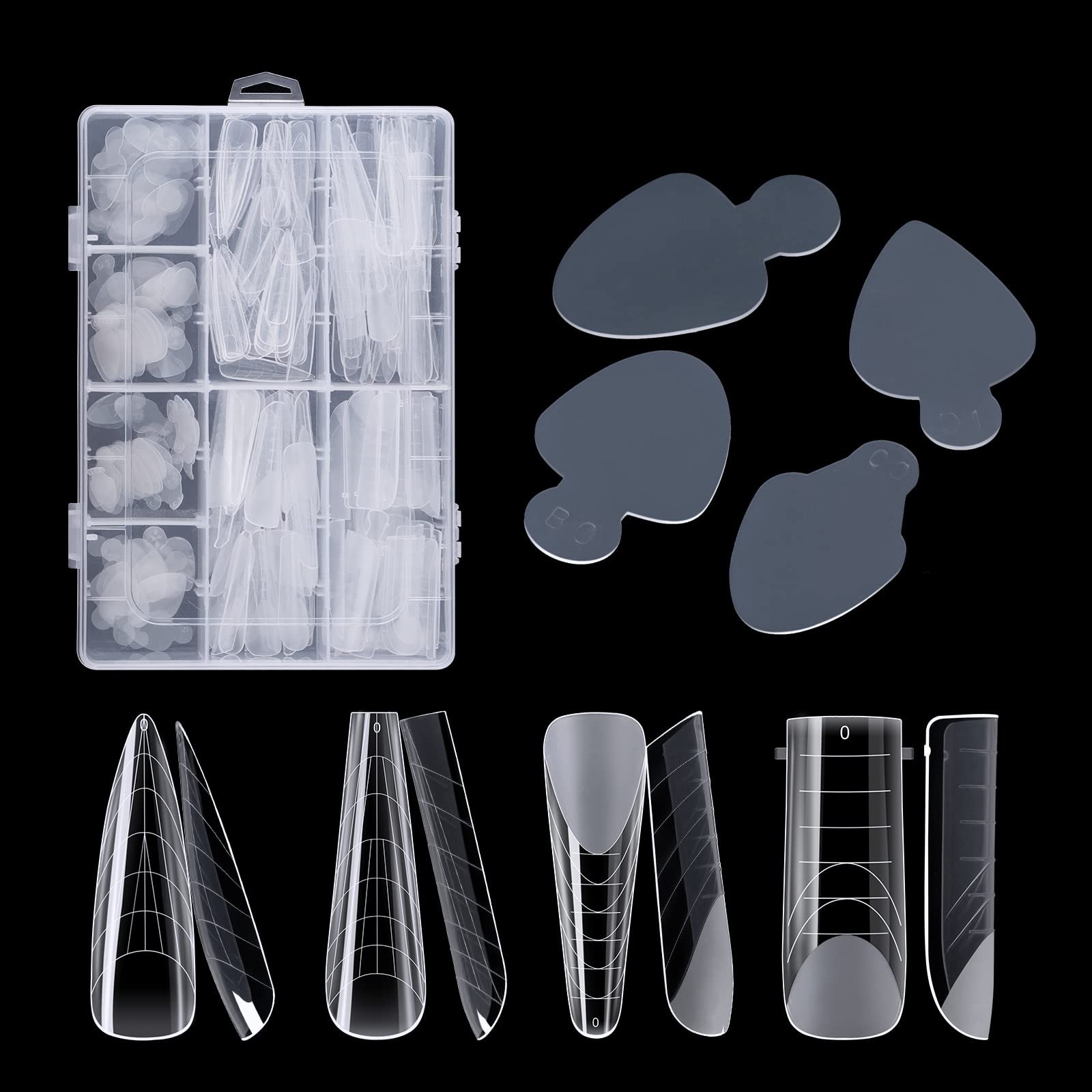 BNG 288 PCS Nail Dual Forms Transparent Acrylic Gel Nail Forms, 4 * 48 Dual Forms & 4 * 24 Stickers For Nails Art Extension, Full Coverage 12 Sizes, DIY Nail Mold Tips Salon Design Tool