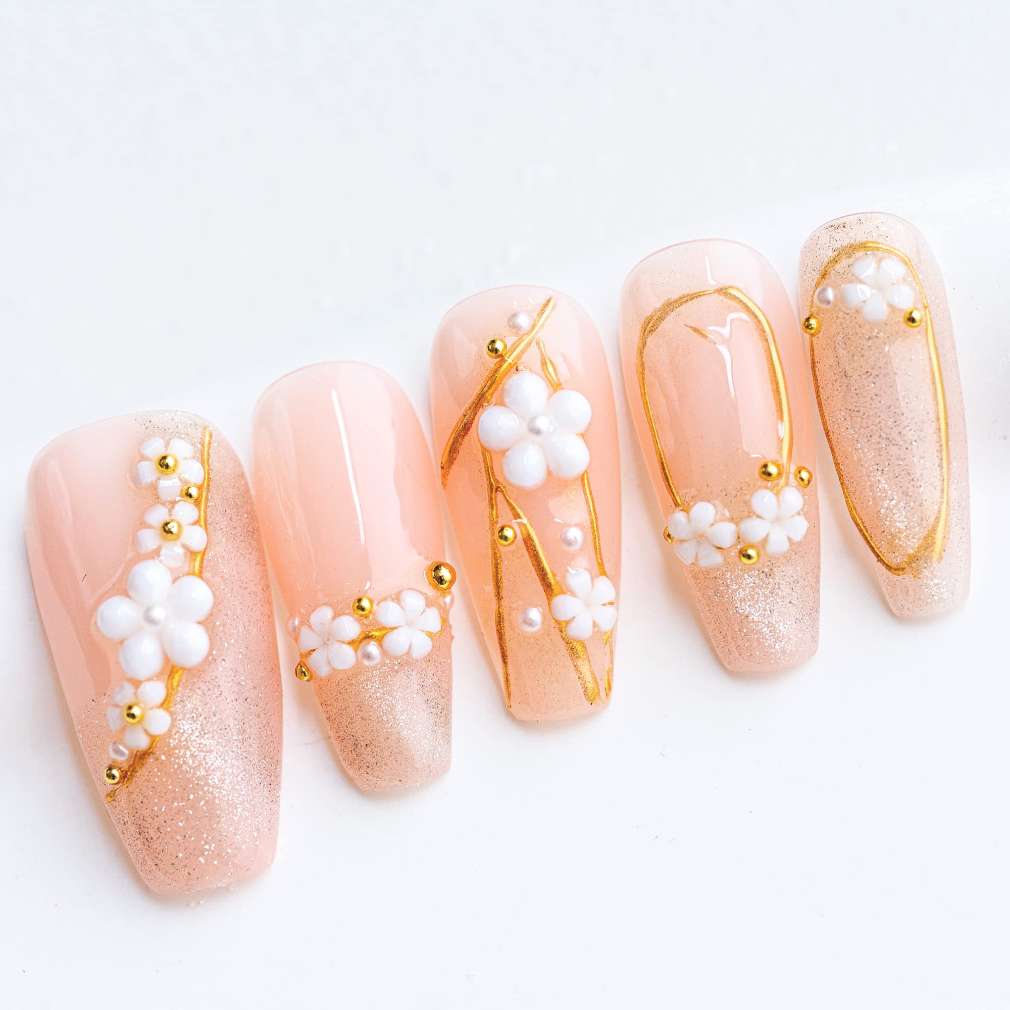 Sun&Beam Nails Handmade Press On Nails Medium Almond Light Pink Pearl Shell Glossy 10 Pieces Reusable for Everyday Wear and Special Occasions (#010 M)