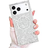 AIGOMARA Magnetic Rectangle for iPhone 17 Pro Max Case, Compatible with Magsafe, Luxury Glitter Sparkle Opalescent Pearl for Women Girls, Stylish Glossy Protective Shockproof Phone Cover, White