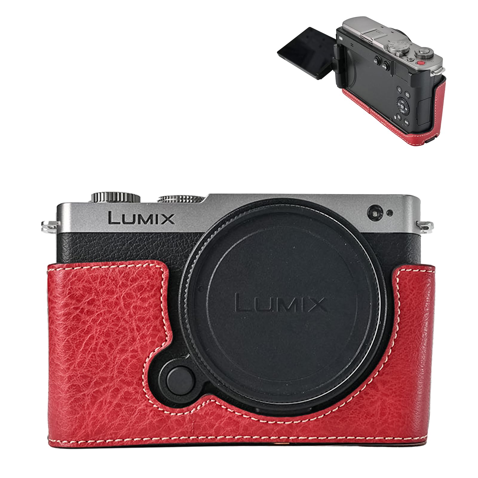 VOVMOEYA Protective Camera Case for Panasonic LUMIX S9,LUMIX DC-S9 Half Case with Soft Microfiber Inner LUMIX S9 Mirrorless Camera Cover Function Well 1/4"-20 Hole Retro PU Litchi Stria-Retro Red