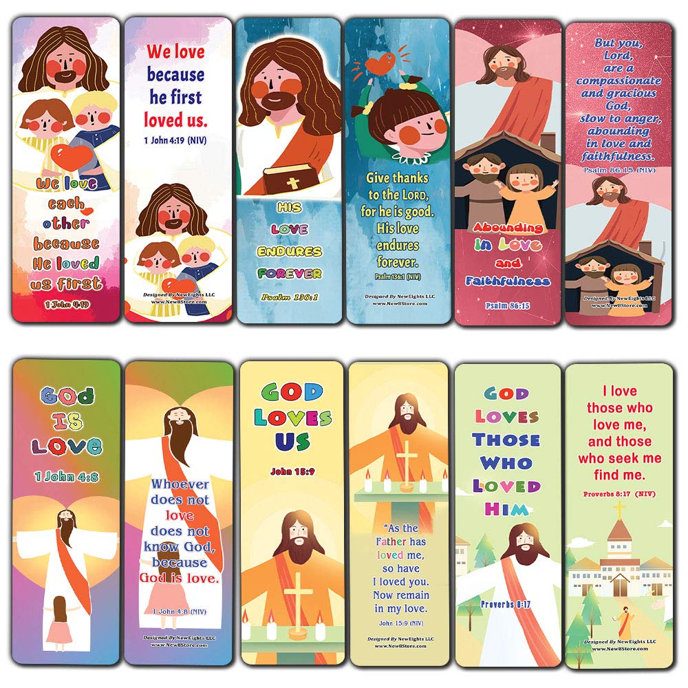 God Loves Us Christian Bookmarks for Kids (12-Pack) - Handy Memory Verses for Kids