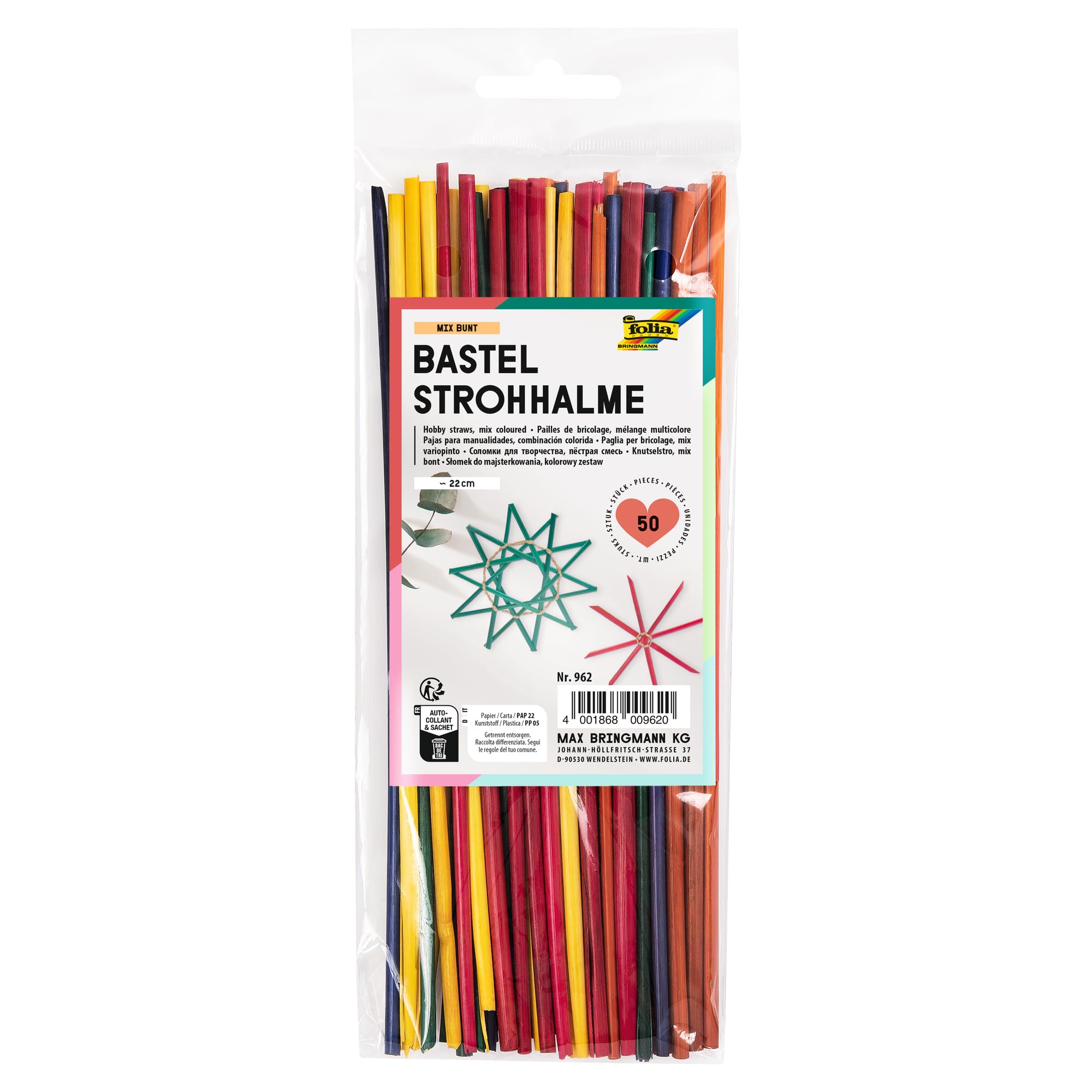 Folia Craft Straws Made of Straw, Multicolor, Eco-friendly, 50 Pieces, 22 cm, Ideal for Advent Crafts