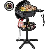 CHEFJOY 1200W Electric Grill Outdoor, 2-in-1 Freestanding & Tabletop BBQ Grill w/Thermometer, Nonstick Griddle, Lid & Drip Tr