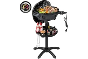 CHEFJOY 1200W Electric Grill Outdoor, 2-in-1 Freestanding & Tabletop BBQ Grill w/Thermometer, Nonstick Griddle, Lid & Drip Tray, Portable Camping Grill for Patio, Backyard, Party, Black
