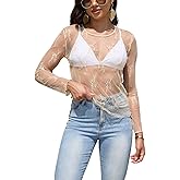 YAMILI Lace Tops for Women Mesh Long Sleeve Top Crew Neck Sheer Blouse Sexy See Through Layering Shirts Outfits