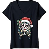 Womens Christmas Sugar Skull Art Woman Santa Hat Festive Design V-Neck T-Shirt