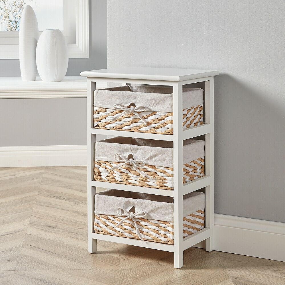 Home Source Storage Chest, Wooden Bedroom Hallway Cabinet, 3 Wicker Basket Drawers, White