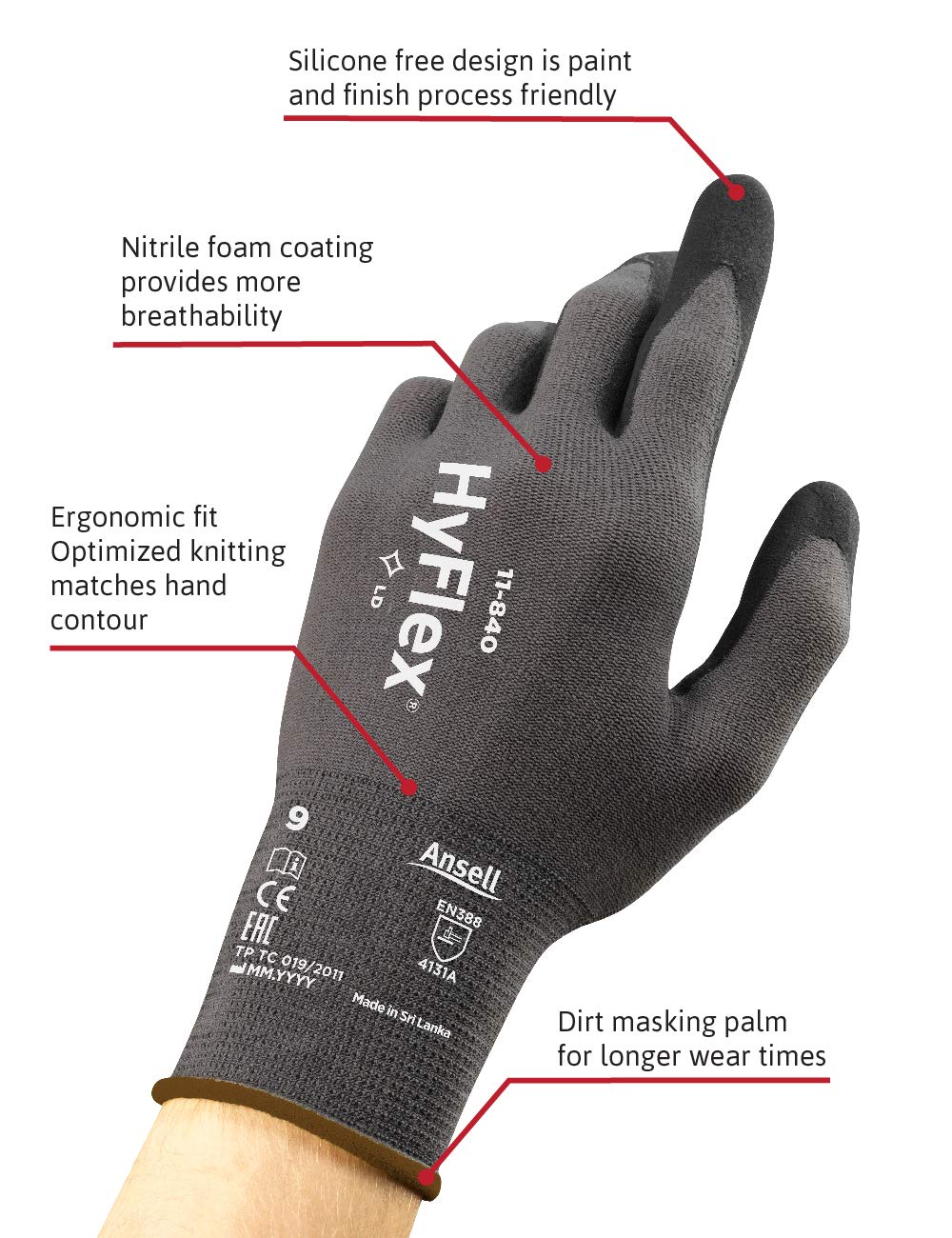 Ansell HyFlex 11840 Nylon Light Duty MultiPurpose Glove with