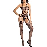 BatPrincess Women Fishnet Bodystocking Mesh Bodysuit Lingerie One Piece Babydoll Rave Outfits Bodycon Jumpsuit Black