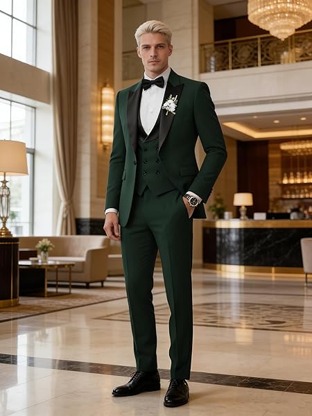 TIJOFA DARK GREEN DOUBLE BREASTED SUIT MEN 3 PIECE SLIM FIT SUIT WEDDING PROM SUITS FOR MEN FORMAL ELEGANT DARK GREEN SUITS MENS BLAZER VEST PANTS HOMECOMING DINNER PARTY TUXEDO XS