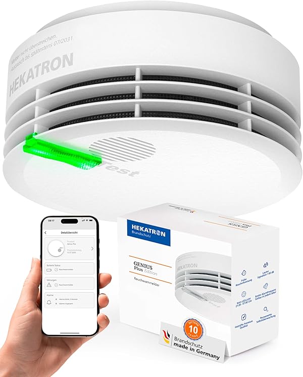 Hekatron Genius Plus – Rauchmelder 10 Jahre Batterie – Testsieger Stiftung Warentest – Made in Germany – inkl. 1x Klebepad – App-unterstützt – Feuermelder – mehrsprachig – 1 Stück