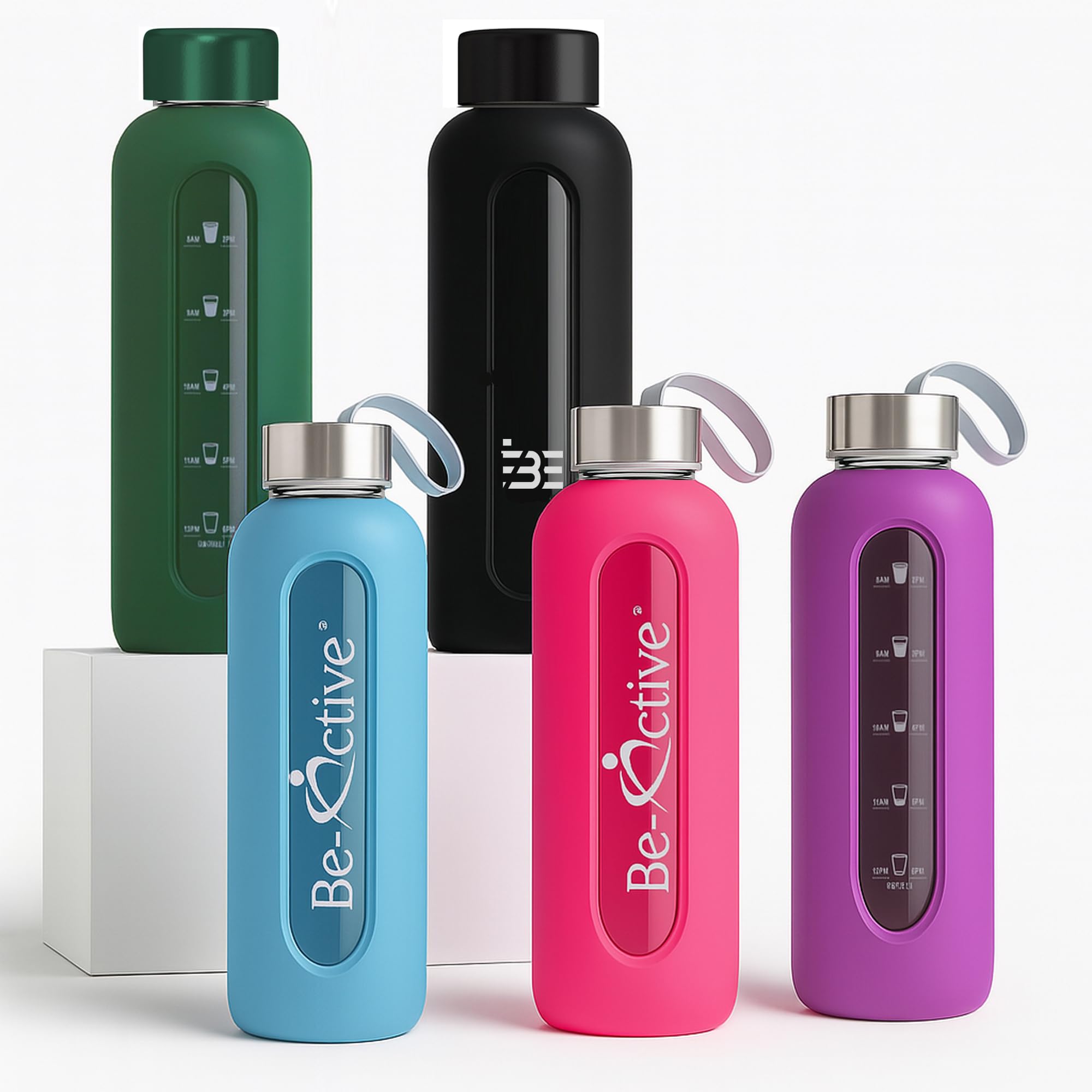 Be-Active 1L Glass Water Bottle – Time Markers, Leakproof Screw Lid, BPA-Free, Silicone Sleeve, Reusable Hydration Bottle for Gym, Office, Travel — image 1