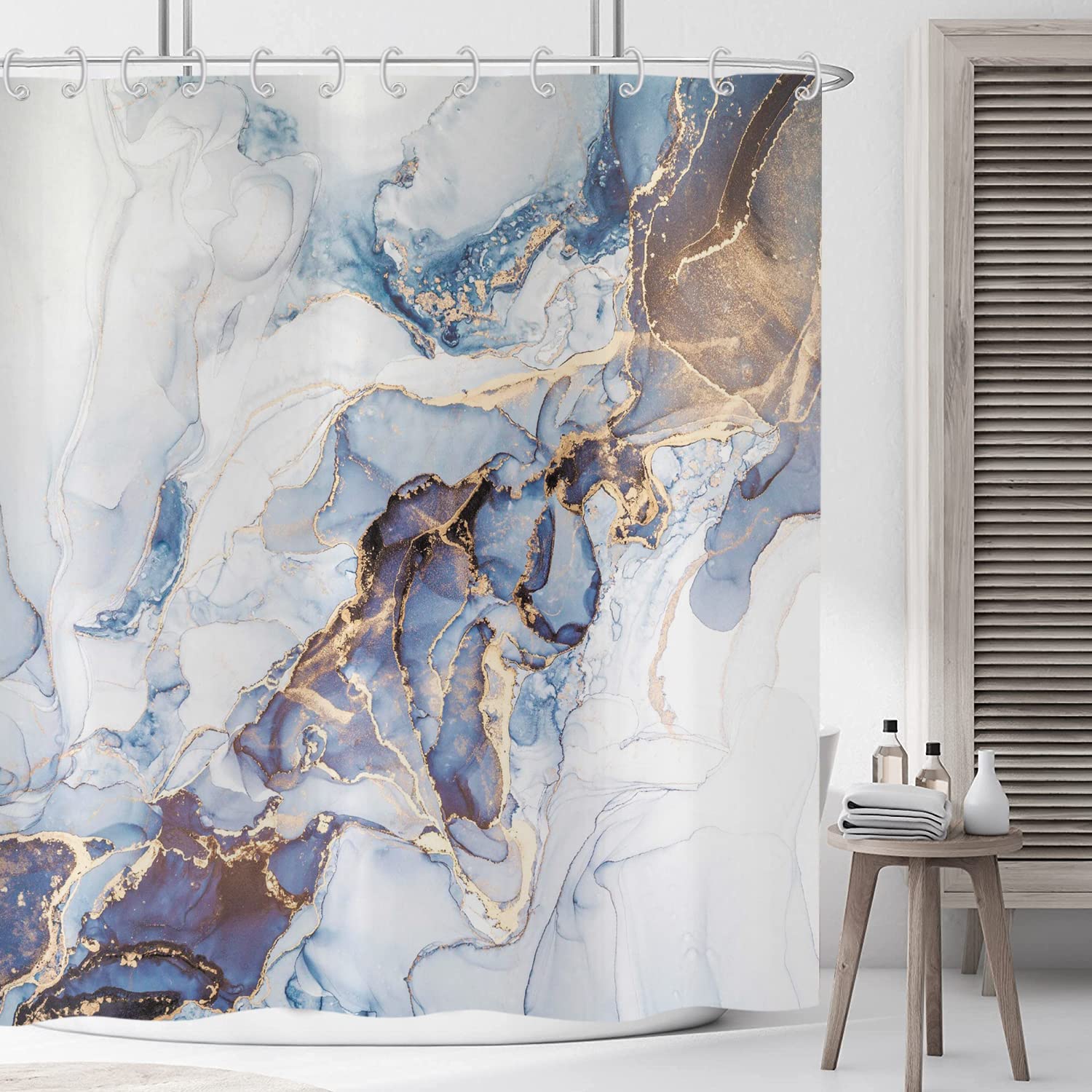 ASDCXZ Shower Curtain Marble 180x180 cm, Modern Abstract Blue Gold White Marble Optic Texture Washable Fabric Shower Curtains Polyester Textile Waterproof Shower Curtain for Bathtub with 12 Hooks — image 1