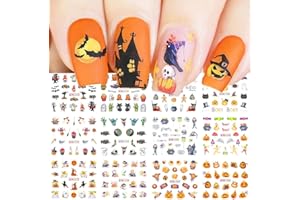 QDSUH Halloween Nail Art Stickers, Cute Halloween Nail Decals Water Transfer Ghost Nail Stickers Colorful Bat Ghosts Skulls Pumpkin Witch Candy Holiday Nail Tattoo Stickers for Women Girls (12 Sheets)