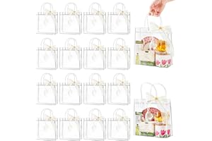 Ohuimrt 24 PCS Clear Plastic Gift Bags with Handles, Reusable Party Favor Bags with Ribbon Transparent Gift Wrap Bags Bulk for Weddings Birthdays, 7.87 x 7.87 x 3.15 Inches