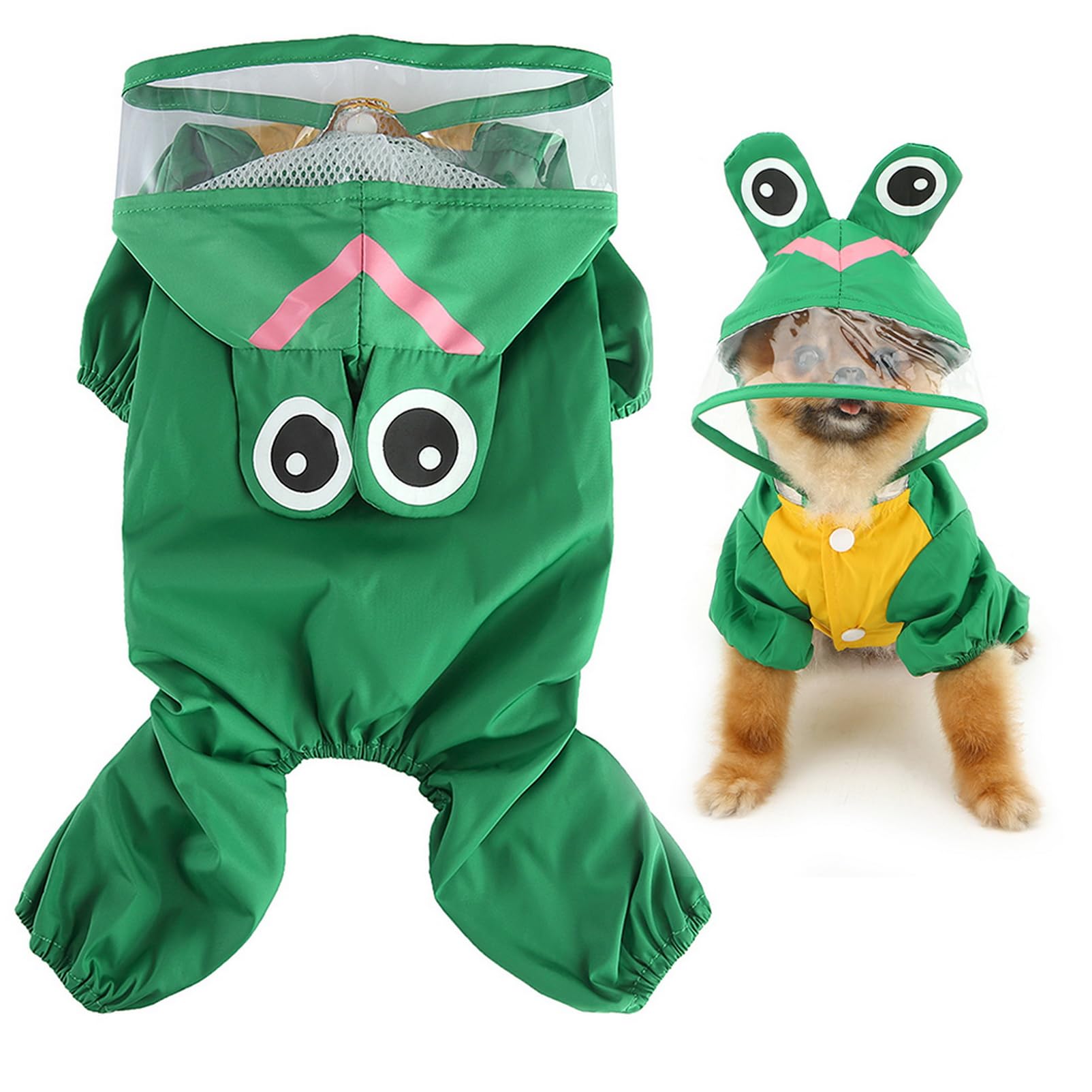 SMALLLEE_LUCKY_STORE Cute Frog Raincoat for Small Dogs with Clear Hoood Leash D-ring Puppy Botton Down Rain Jacket Full Boby 4 leg Jumpsuit Lightweight Waterproof Clothes,Green XL