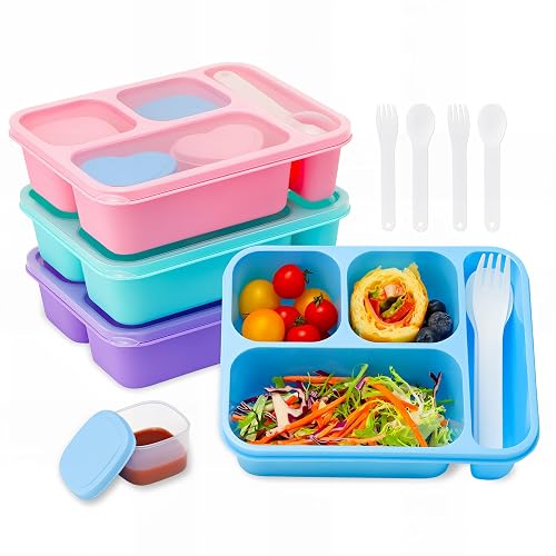 Bugucat 4 Pack Snack Containers, 3 Compartments Bento Snack Box with 1 Utensil Compartment, Reusable Meal Prep Boxes for Kids Adults, Snackle Box for School Work Travel