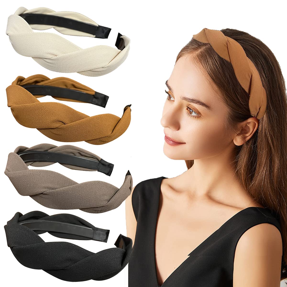 Photo 1 of Springtime Set of 4 Fashion Solid Headbands for Women Girls 1.2inch Wide Braided Headband Fabric Hairbands with Tooth Non Slip Hairhoop Accesorries