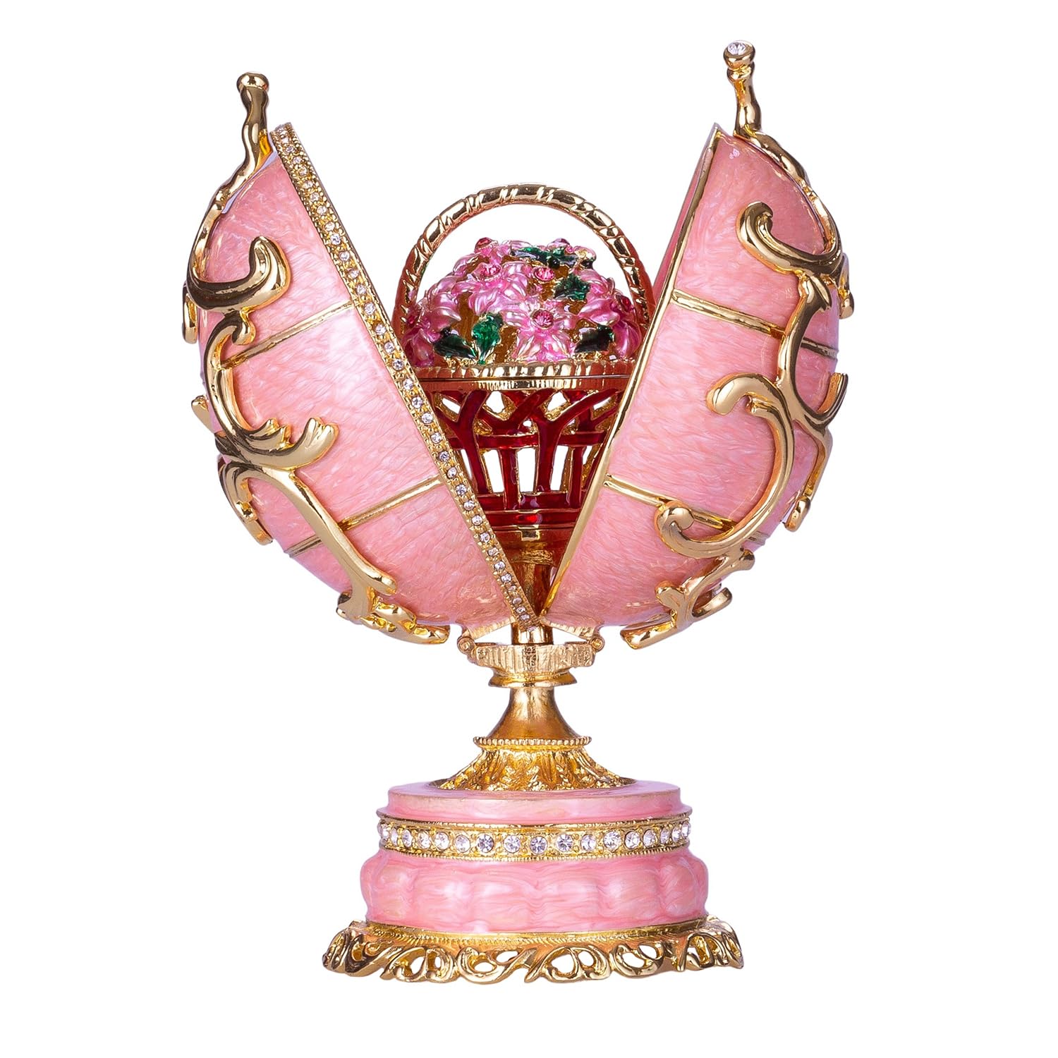 danila-souvenirs Glamorous Style Spring Flowers Easter Egg Music Box Trinket Jewel Box with Basket of Flowers 16,5 cm pink
