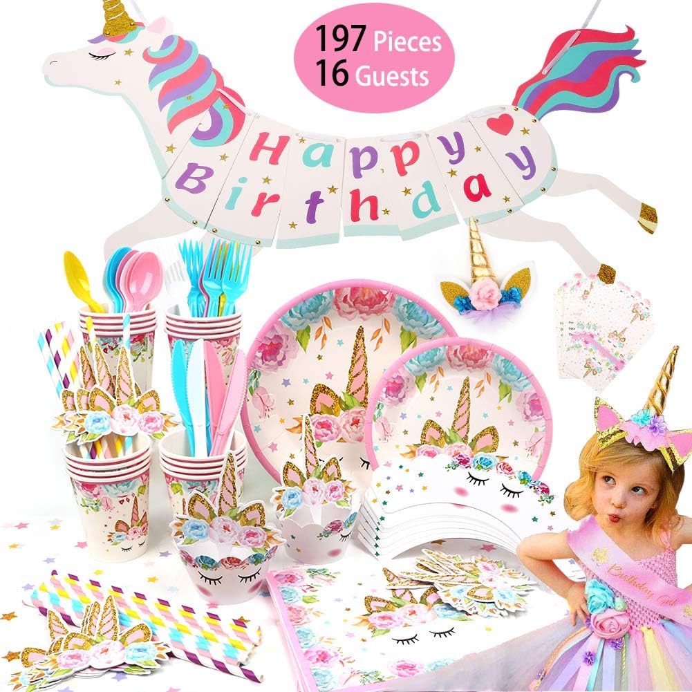 QYONLINE Unicorn Party Supplies -197 Pieces Party Tableware Set Serves 16 Guests, Disposable Plates, Cups, Napkins, Straws,Banner, Table Cloth, Headband, Pink Sash for Girls Kids Birthday Decorations