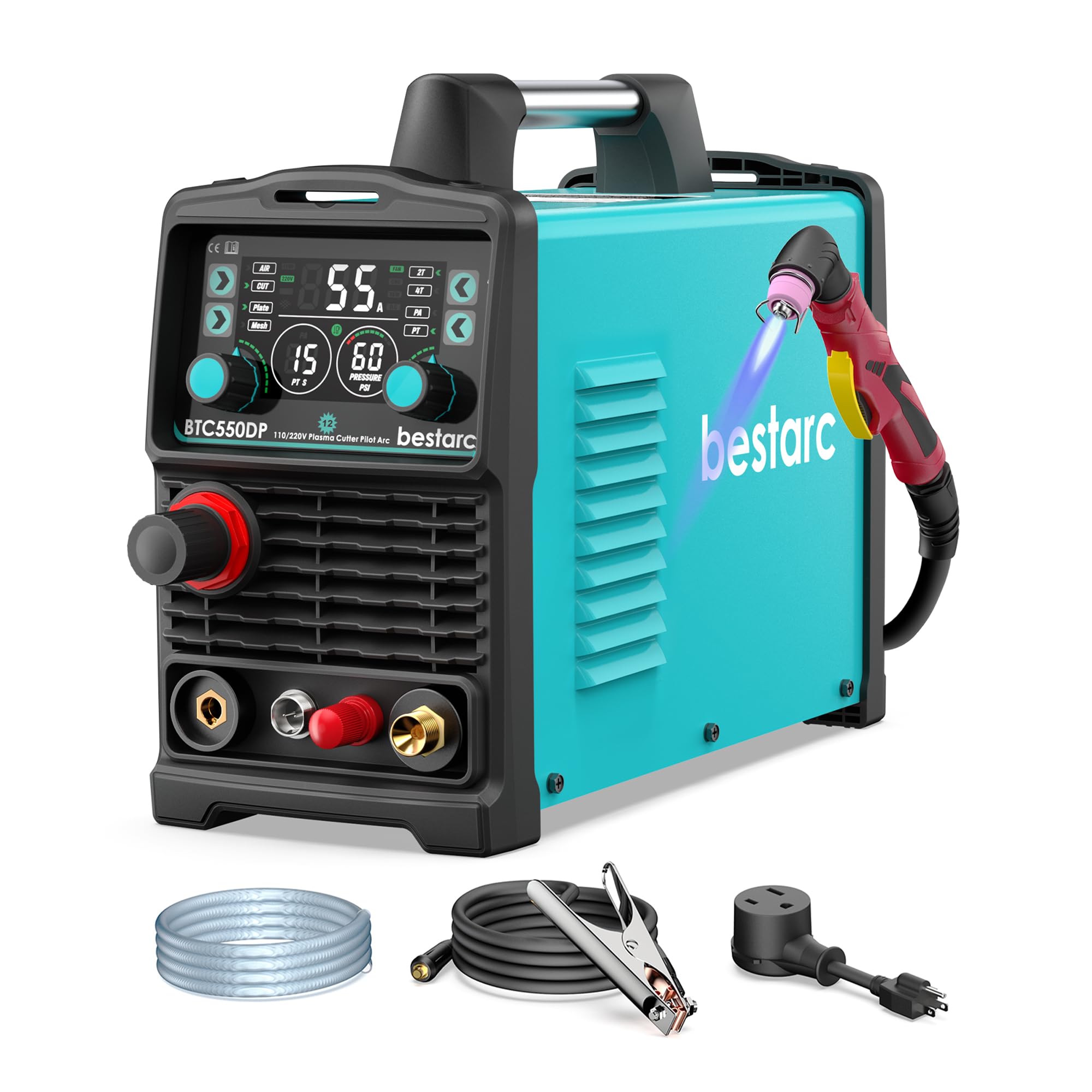 bestarc Plasma Cutter, [Pilot Arc][Large LED Display][Air Sensor] 55A bestarc Plasma Cutter Machine 110/220V Dual Voltage, 1/2 Inch Clean Cut 4/5 Inch Max Cut, Post Flow Mesh, 2T/4T for Beginners DIY Image
