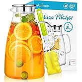 Aofmee 100 Oz Glass Pitcher, 3L Water Pitcher with Lid, Iced Tea Jar with 304 Stainless Steel Lid and Spout, Heat Resistant Jug for Sun Tea, Water Carafe for Cold or Hot Beverage Serveware Juice
