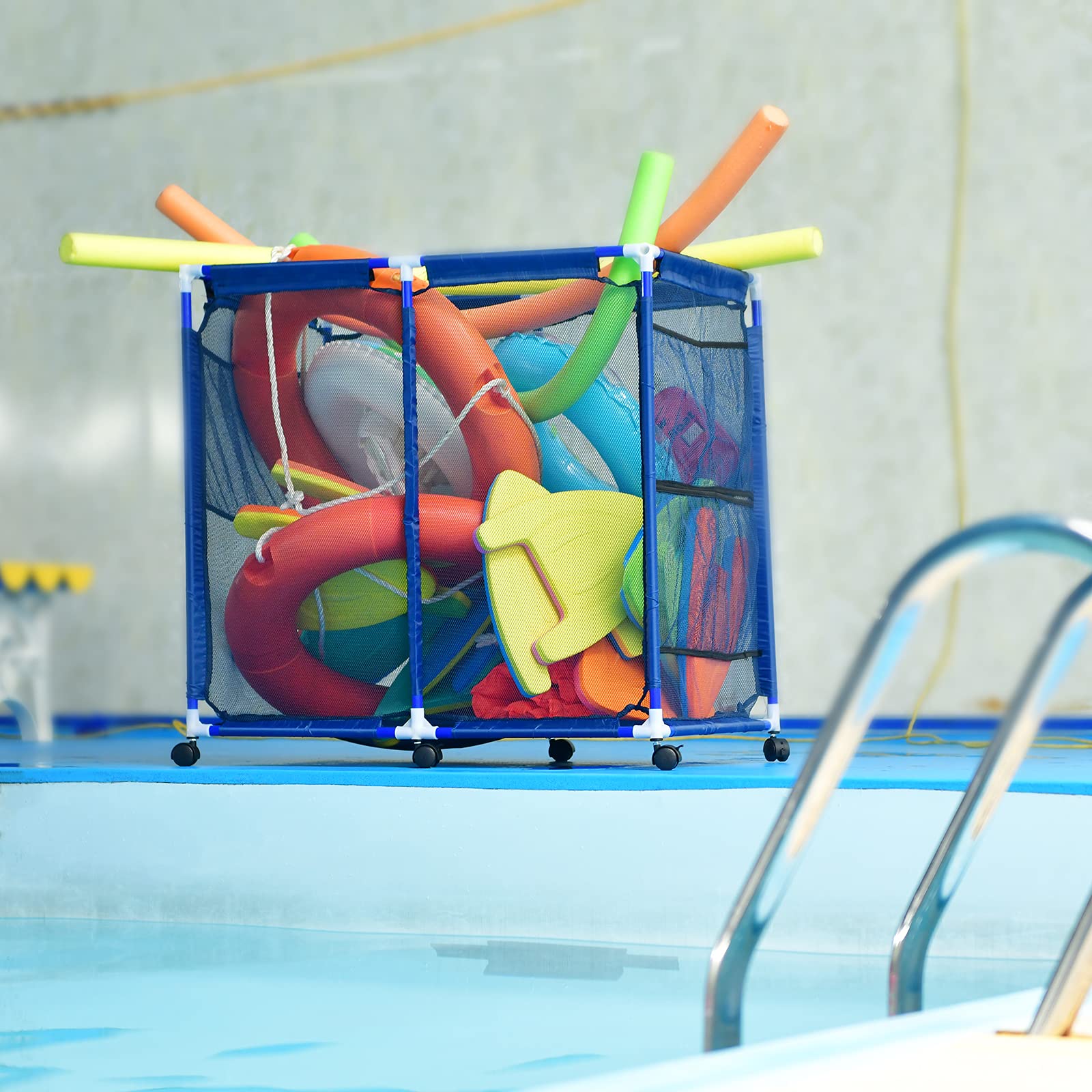 AOBEN Pool Storage Bin, Rolling Pool Storage Mesh Basket Organizer, Large Capacity Swim Accessories Holder for Pool Balls, Noodles, Floats, Beach Towels