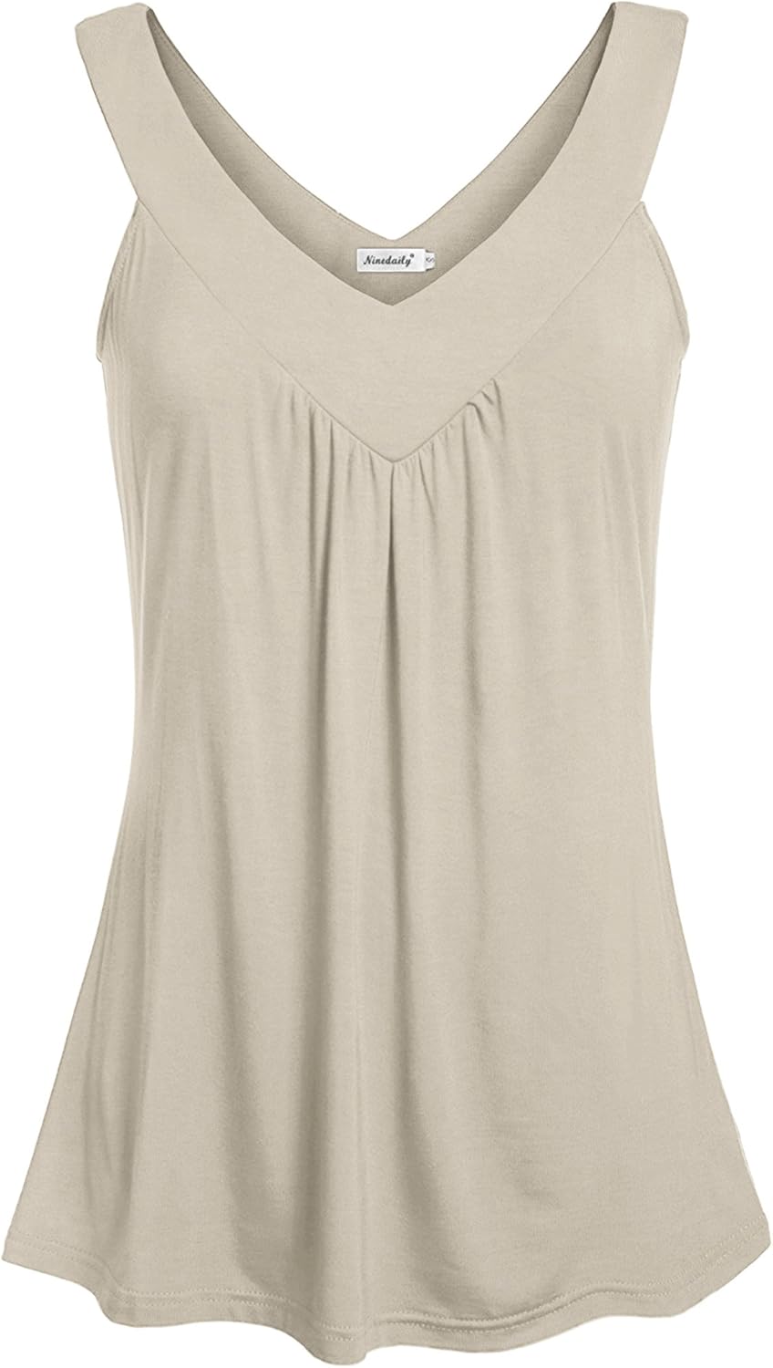 Ninedaily Women Comfy Sleeveless Tunic Top Pleated V Neck Tanks Vest Summer