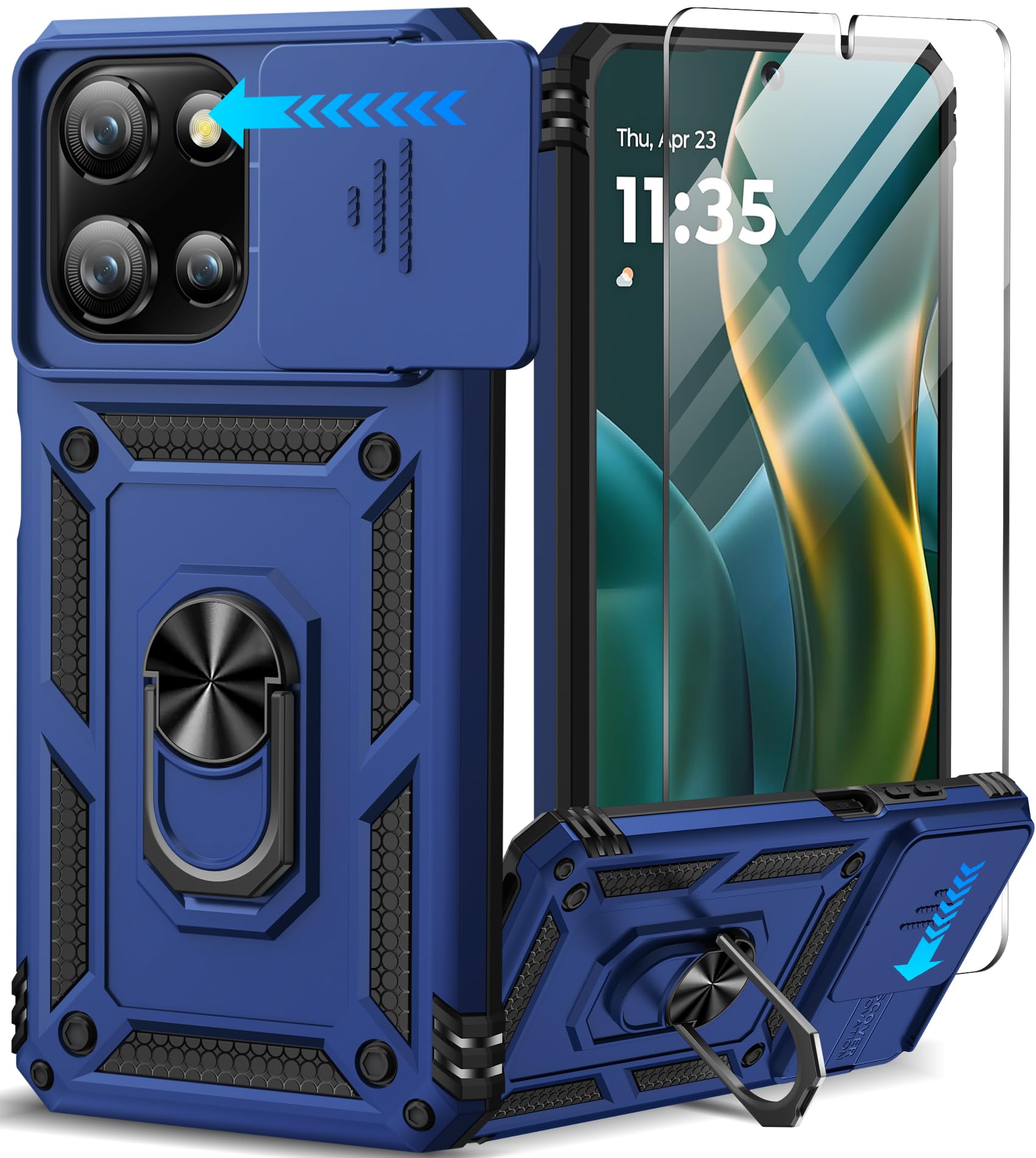 Photo 1 of Taisairu for Motorola Moto G 5G 2025 Case with Screen Protector & Slide Camera Lens Cover, Built-in 360°Rotate Magnetic Ring Stand Shockproof Protective Phone Case for Moto G 2025 Case (Blue)
