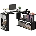 HOMCOM L Shaped Desk, Corner Computer Desk, 360 Degree Rotating Home Office Desk with Storage Shelves, Writing Table Workstation, Black