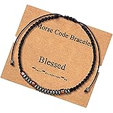 Inspirational Morse Code Hematite Obsidian Bead Bracelet Adjustable Braide Cord Rop Wrap Bracelet for Women Men Mother Friend Handmade Card Friendship Graduation Jewelry Gift