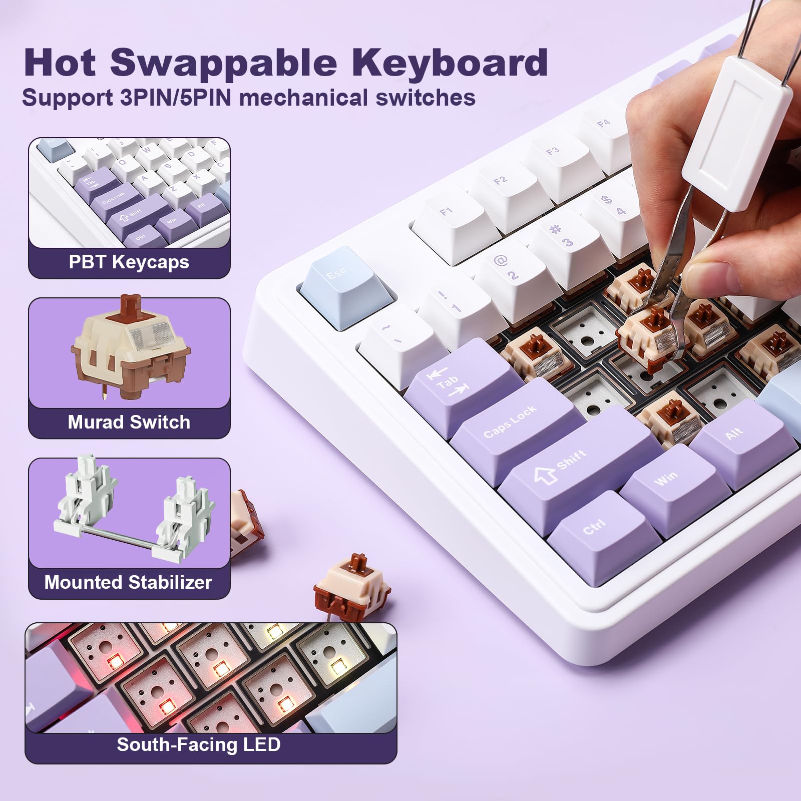 MIKIBY AJAZZ AK980 Mechanical Keyboard with Smart Display & Knob,98% Wireless Keyboard Tri-Mode BT/2.4G/USB-C, Hot Swappable, PBT Keycaps, with RGB Light for Win & Mac(Purple,Murad Switch)