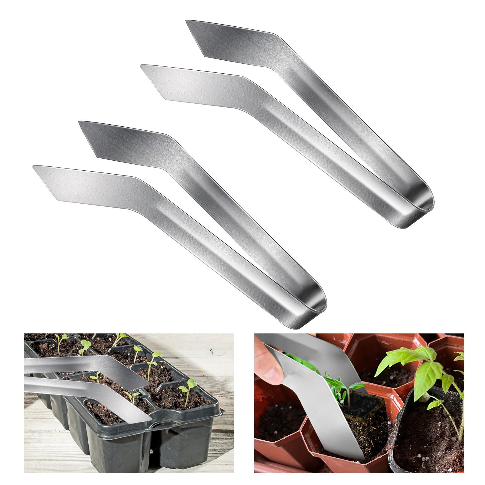 Seedling Transplant Tongs, 2Pcs Stainless Steel Seedling Starters Remove Tongs, Silver Seedling Remove Transplant Pliers for Reducing Root Damage