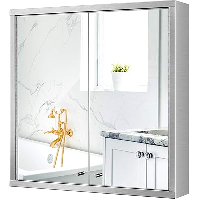 Buy 24 Inch Medicine Cabinet With Mirror Bathroom Wall Cabinet Wall Mount Storage Cabinet With Double Mirror Doors Brushed Stainless Steel Chrome Finish Mute Hinge Online In Indonesia B08nvpgtgk