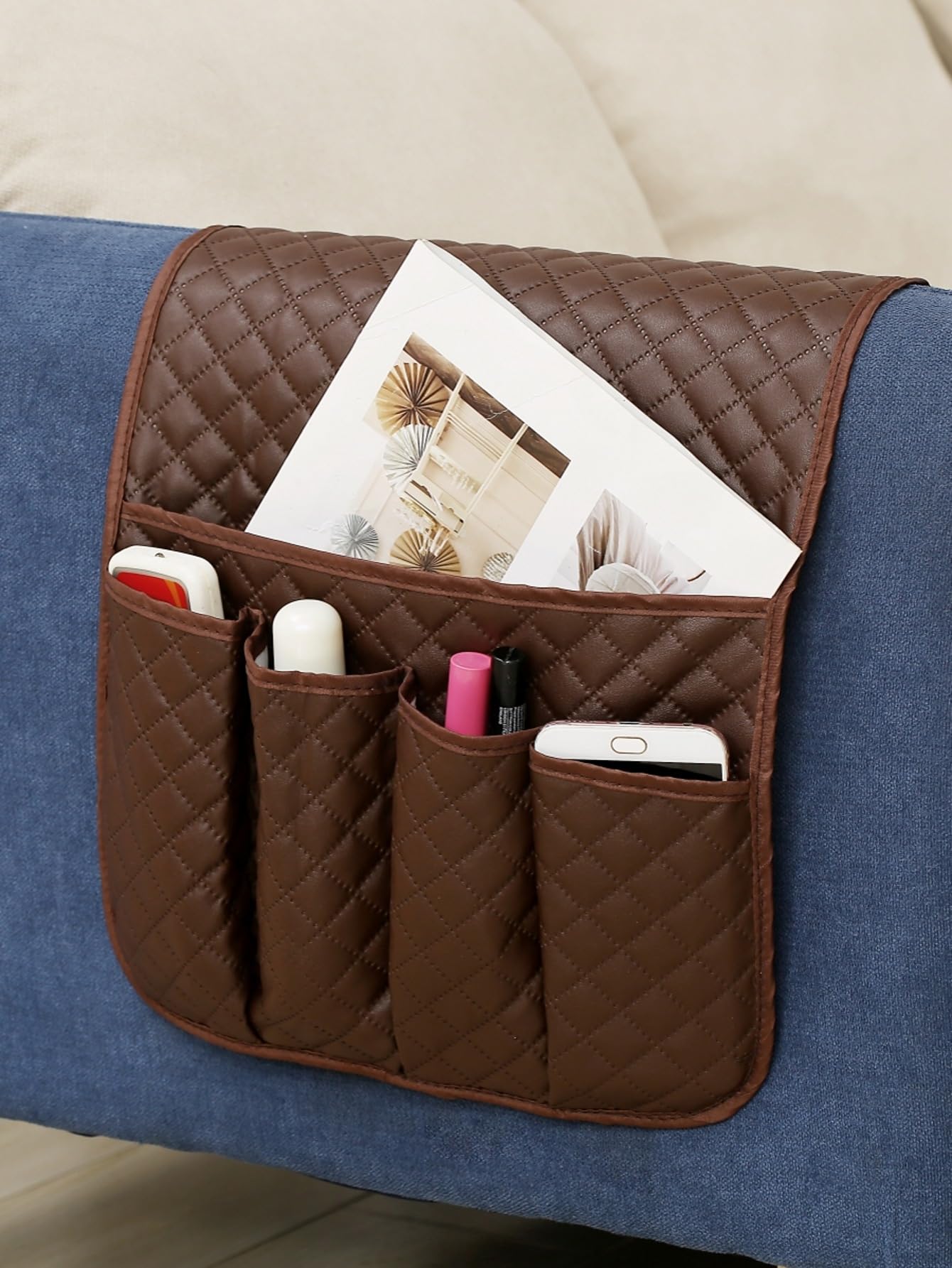 Hosoncovy PU Leather Sofa Armrest Organizer Couch Arm Storage Bag Sofa Arm Couch Caddy Anti-Spill Armrest Remote Control and Cellphone Organizer Holder (Brown)