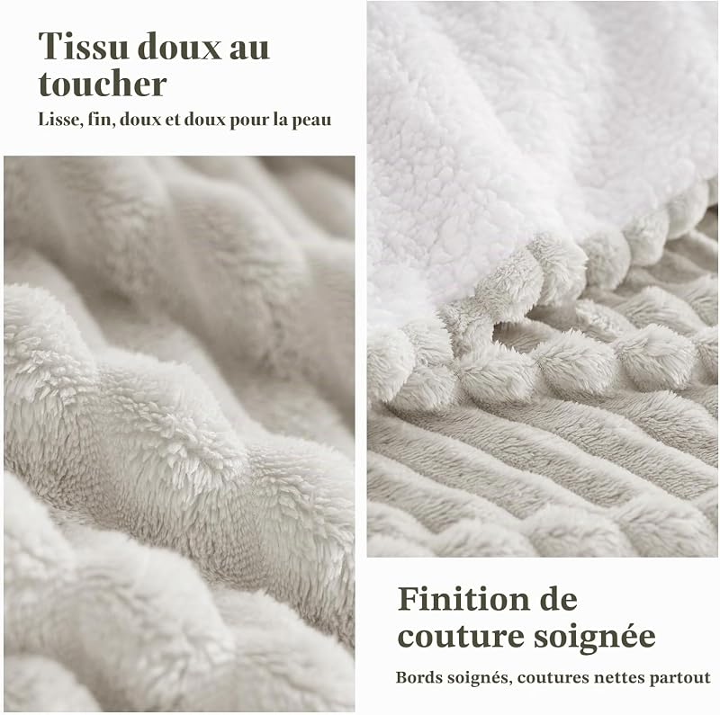 Couverture Polaire Sherpa 220x240cm Beige, Couverture en Flanelle épaisse Couche et Confortable, Plaid Canape Fourrure Jeté de Canapé et aux Lits Chaude et Douce pour l'hiver Épais