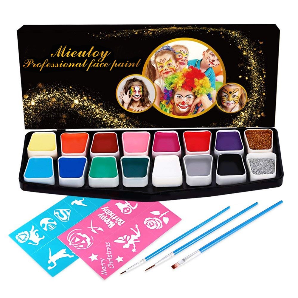 Mieutoy Face Paint Set - 16 Color Washable Eco-friendly Body Paint Make-up Oil Painting Palette Color Panels with 3 Brushes, 2 Stickers, Halloween Decorations for Adults & Kids Party