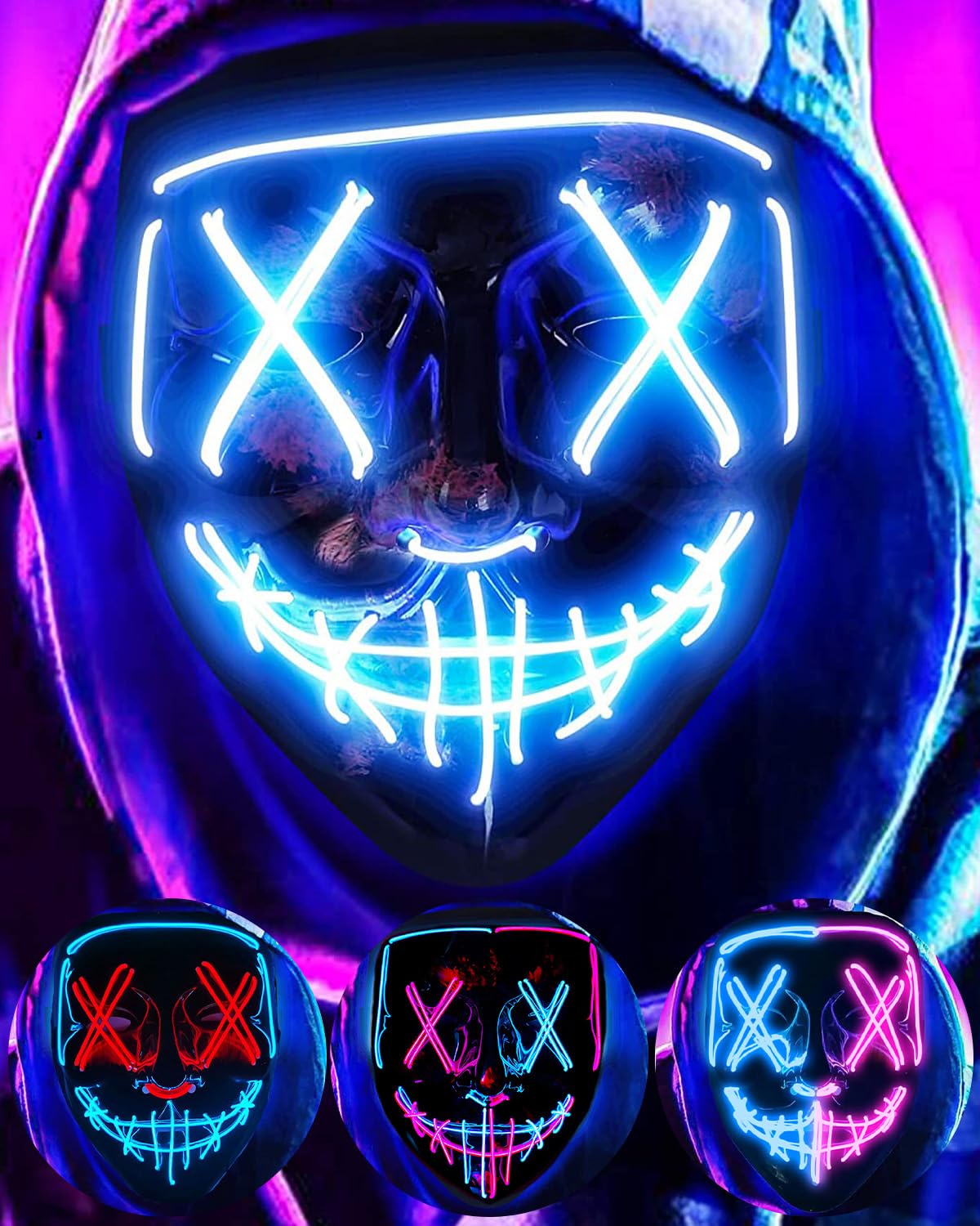 DWTECH LED Halloween Mask - Light Up Mask LED Masks EL Wire Scary Mask for Masquerade Cosplay Light Up Face Mask for Kids Men Women Halloween Festival Party (Blue) — image 1