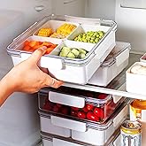 MineSign 3Pack Snackle Box Divided Veggie Serving Tray with Lid Salad Keeper with 4 Removable Boxes Stackable Refrigerator Organizer Bins Produce Saver for Meal Prep Fruit Vegetable Lunch Meat