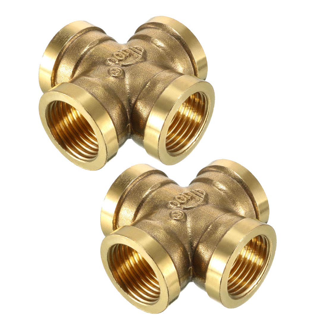 sourcing map Brass Cross Pipe Fitting 1/2 PT Female Thread 4 Way Connector 2pcs