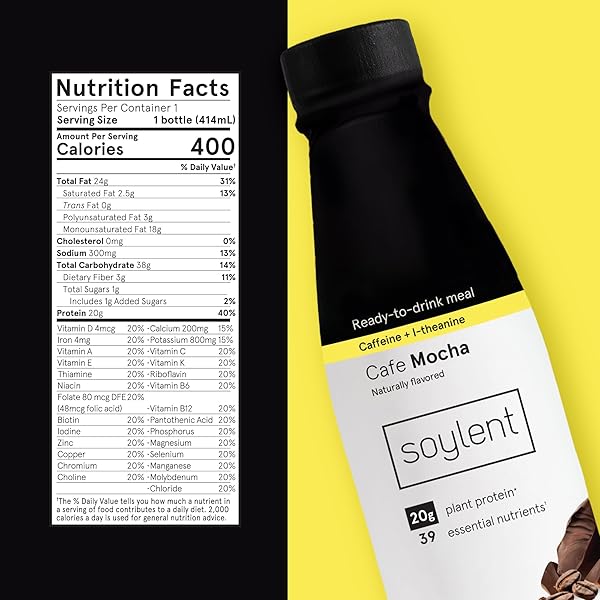 SOYLENT COMPLETE COFFEE MEAL REPLACEMENT SHAKE, CAFE MOCHA, READY-TO-DRINK PLANT BASED CAFFEINATED PROTEIN DRINK, CONTAINS 20G VEGAN PROTEIN AND 1G SUGAR, 14OZ (12 PACK)