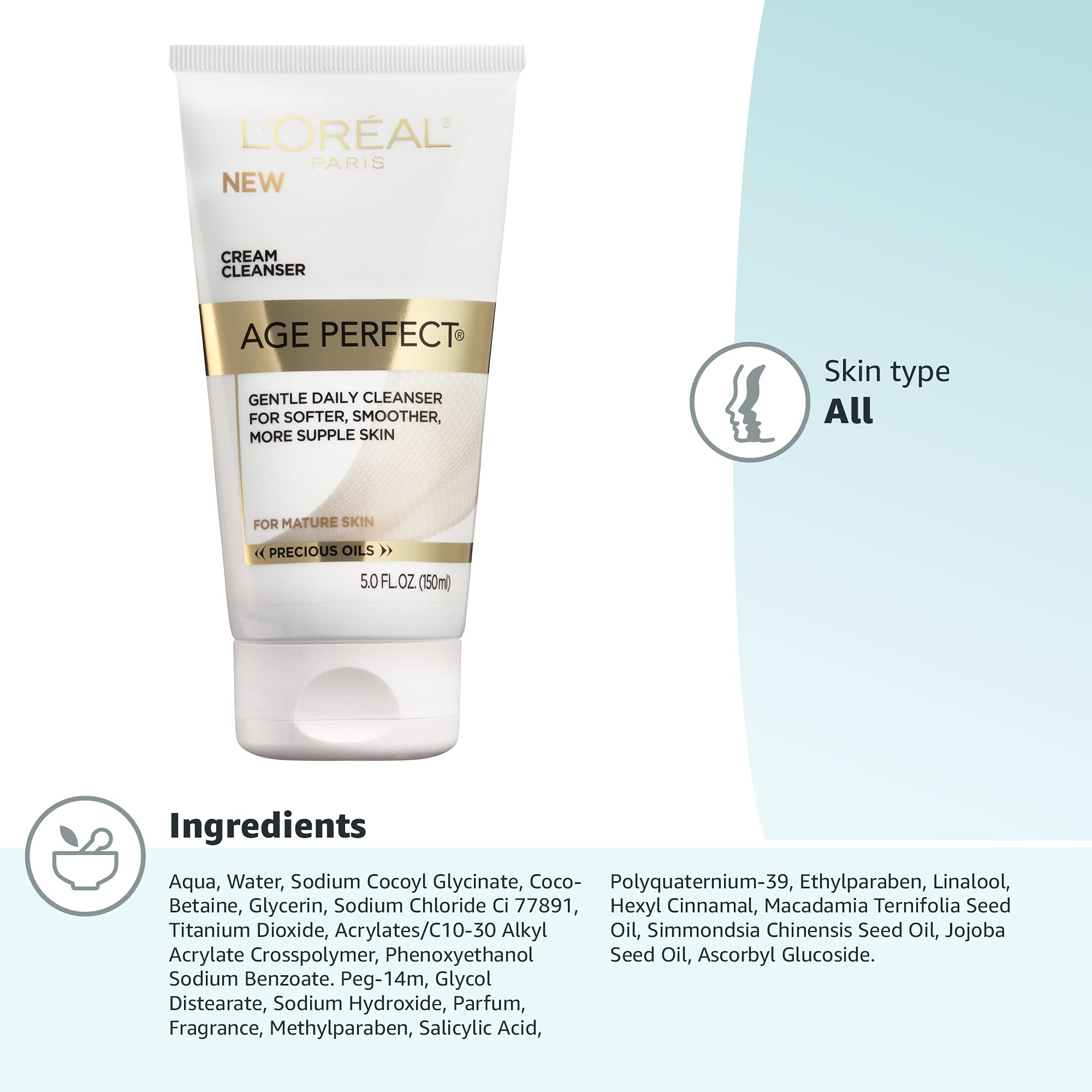 L'Oreal Paris Skincare Age Perfect Cream Cleanser, Gentle Daily Cleanser for Softer and Smoother Skin, Makeup Remover, Face Wash for All Skin Types, 5 fl. oz