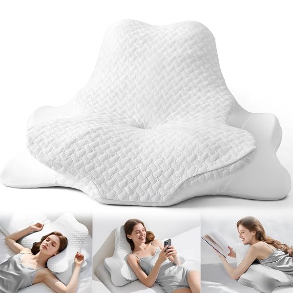 CERVICAL NECK PILLOW & READING PILLOW FOR SLEEPING AND READING, ERGONOMIC MEMORY FOAM ORTHOPEDIC BED PILLOW, NECK PAIN RELIEF SUPPORT FOR LIE FLAT, SUPINE, PRONE, AND RECLINING POSITIONS(PURE WHITE)