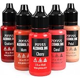 Pixiss Red Alcohol Ink Set, 5 x 15 mL &ndash; Highly Saturated Red &amp; Pink Inks for Epoxy Resin, Tumblers, Coasters &amp; Yupo Paper &ndash; Petal, Coral, Cherry, Mum &amp; Cranberry